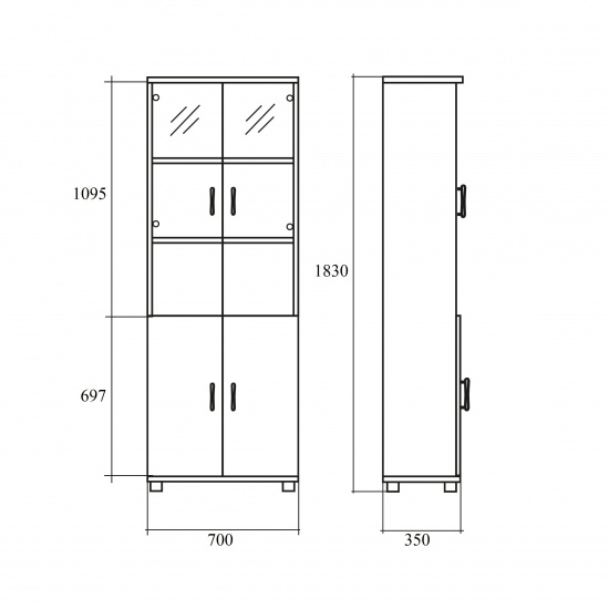 Шкаф высокий Канц, закрытый, со стеклом, 4 двери, 700*350*1830, бук невский