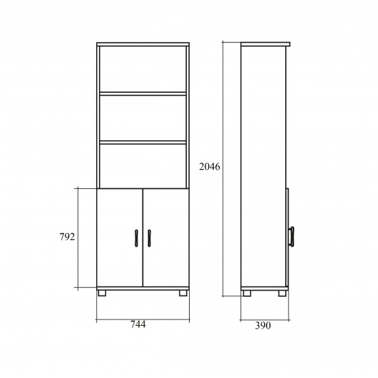 Шкаф высокий Монолит, 3 открытые полки, 2 двери, 744*390*2046, серый