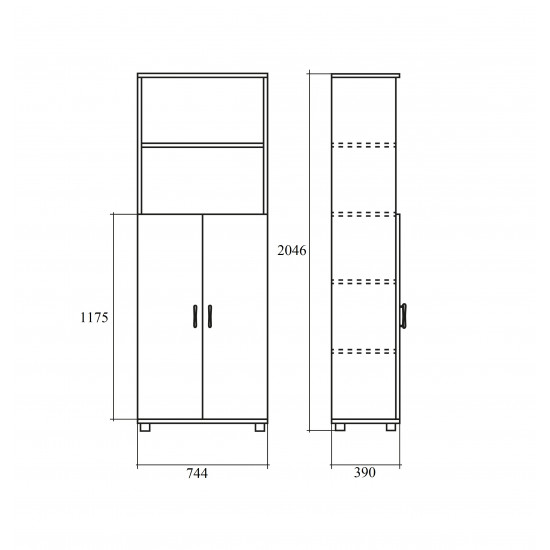 Шкаф высокий Монолит, 2 открытые полки, 2 двери, 744*390*2046, серый