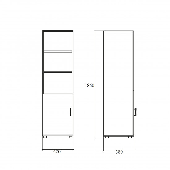 Шкаф высокий Формула 304ФР, узкий, 3 открытые полки, 1 дверь, 42*38*186, ольха