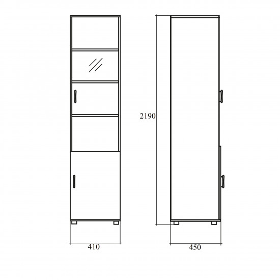 Шкаф высокий Формула 381ФР, узкий, закрытый, со стеклом, 2 двери, 41*45*219, венге темный, 723+620+376