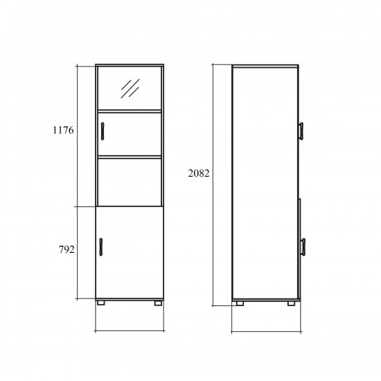 Шкаф высокий Модерн К13.18, узкий, закрытый, со стеклом, 2 двери, 425*440*2082, дуб шамони светлый
