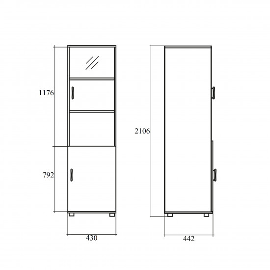 Шкаф высокий Модерн К94.19, узкий, со стеклом в алюминиевой рамке, 2 двери, 430*442*2106, дуб шамони темный