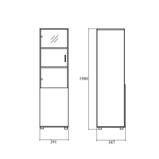 Шкаф высокий Vita, узкий, закрытый, со стеклом, 2 двери, 391*387*1980, сосна карелия