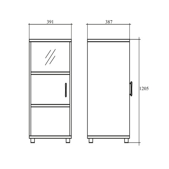Шкаф средний Vita, узкий, закрытый, со стеклом, 1 дверь, 391*387*1205, сосна ларедо
