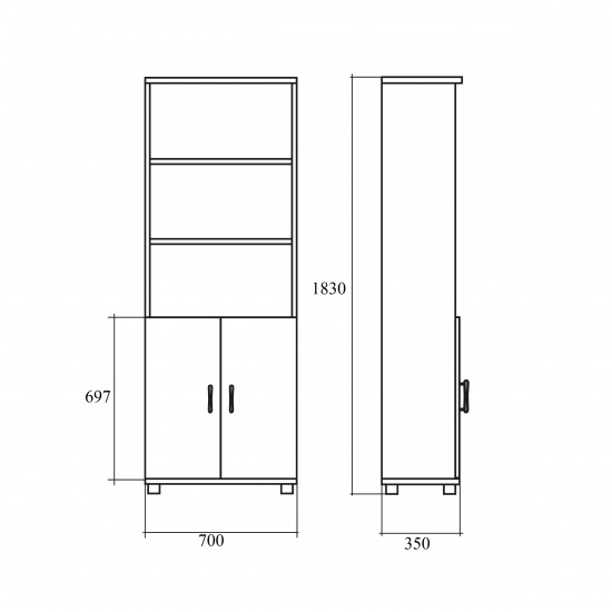 Шкаф высокий Канц, 3 открытые полки, 2 двери, 700*350*1830, пепел