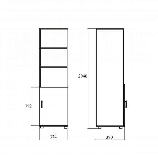 Шкаф высокий Монолит, узкий, 3 открытые полки, 1 дверь, 374*390*2046, серый