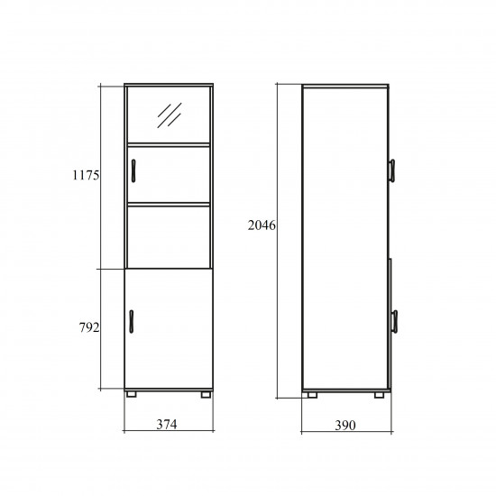 Шкаф высокий Монолит, узкий, закрытый, со стеклом тонированным, 2 двери, 374*390*2046, венге