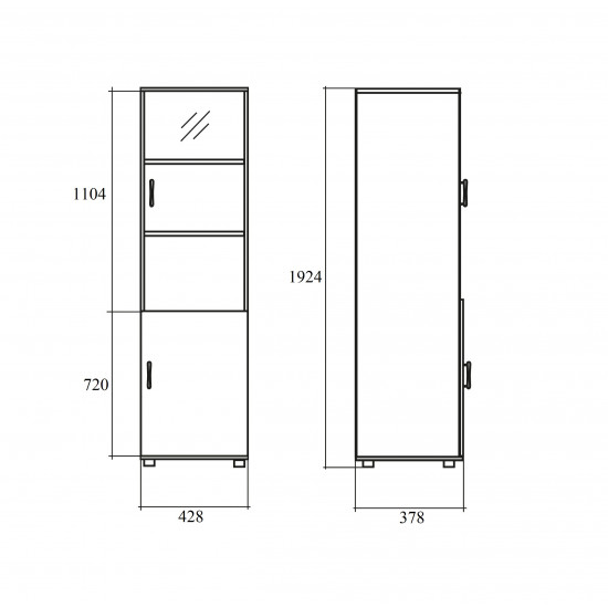 Шкаф высокий Авантаж, узкий, со стеклом, 2 двери, 428*378*1924, миланский орех