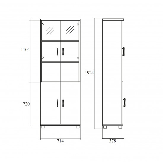 Шкаф высокий Авантаж, закрытый, со стеклом, 4 двери, 714*378*1924, миланский орех, В-836+В-862+В-868