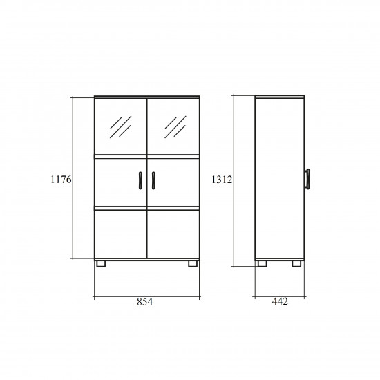 Шкаф средний Модерн К84.18, закрытый, со стеклом в алюминиевой рамке, 2 двери, 854*442*1312, дуб шамони светлый