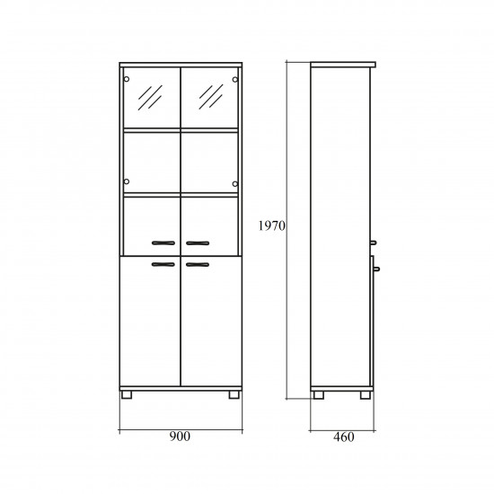 Шкаф высокий Патриот 983, закрытый, со стеклом, 4 двери, 900*460*1970, миланский орех, 832+724+745