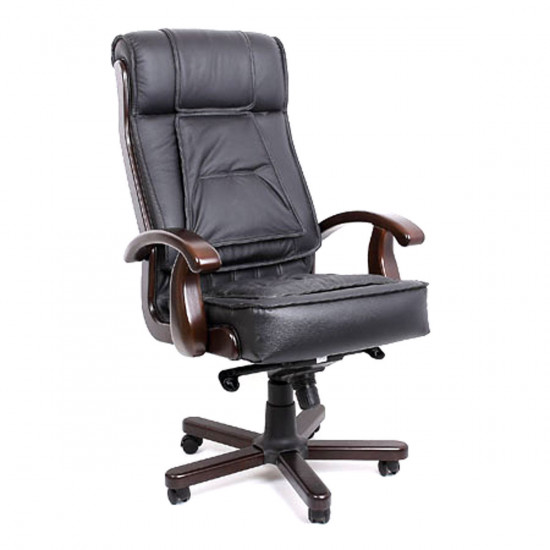 Кресло руководителя Локарно GL-730 Madras 021 кожа/кожзам черный, дерево темный орех