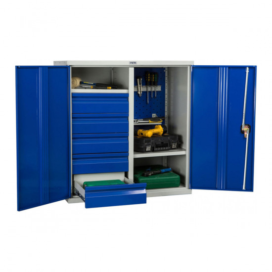 Шкаф инструментальный ТС-1095 1000*950*500 (2 полки, 5 ящ. 1 держатель инструм.), серо-синий