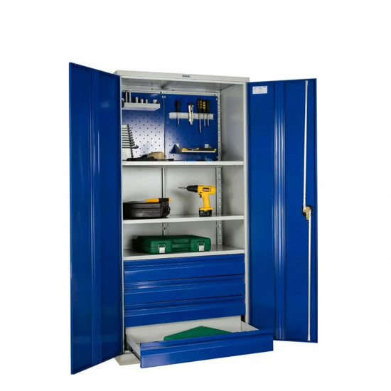 Шкаф инструментальный 1900*950*500 (3 полки, 4 ящ.,держатели для ключей), серо-синий
